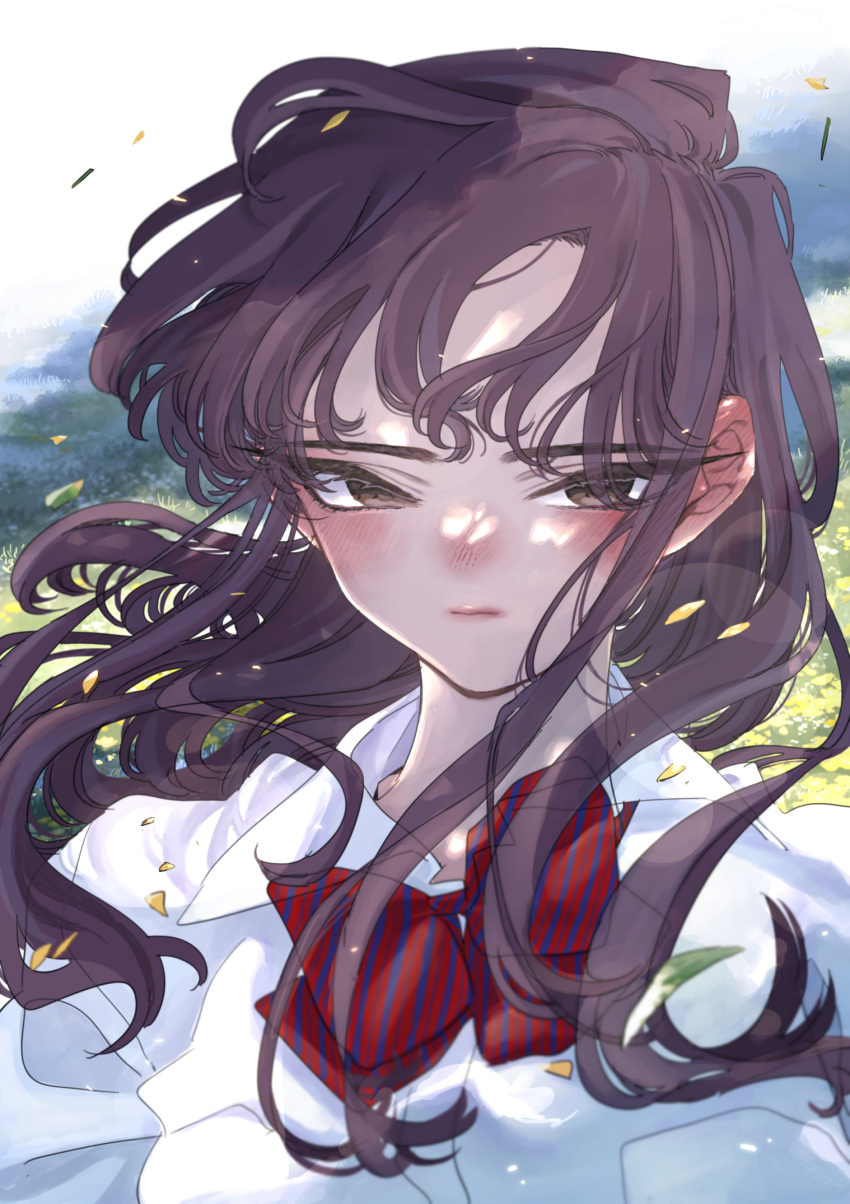 1girl black_hair blurry blush bow bowtie brown_eyes close-up closed_mouth depth_of_field dress_shirt falling_leaves floating_hair highres itan_private_high_school_uniform komi-san_wa_komyushou_desu komi_shouko leaf long_hair messy_hair oda_tomohito official_art outdoors school_uniform shirt solo striped striped_bow striped_bowtie white_shirt