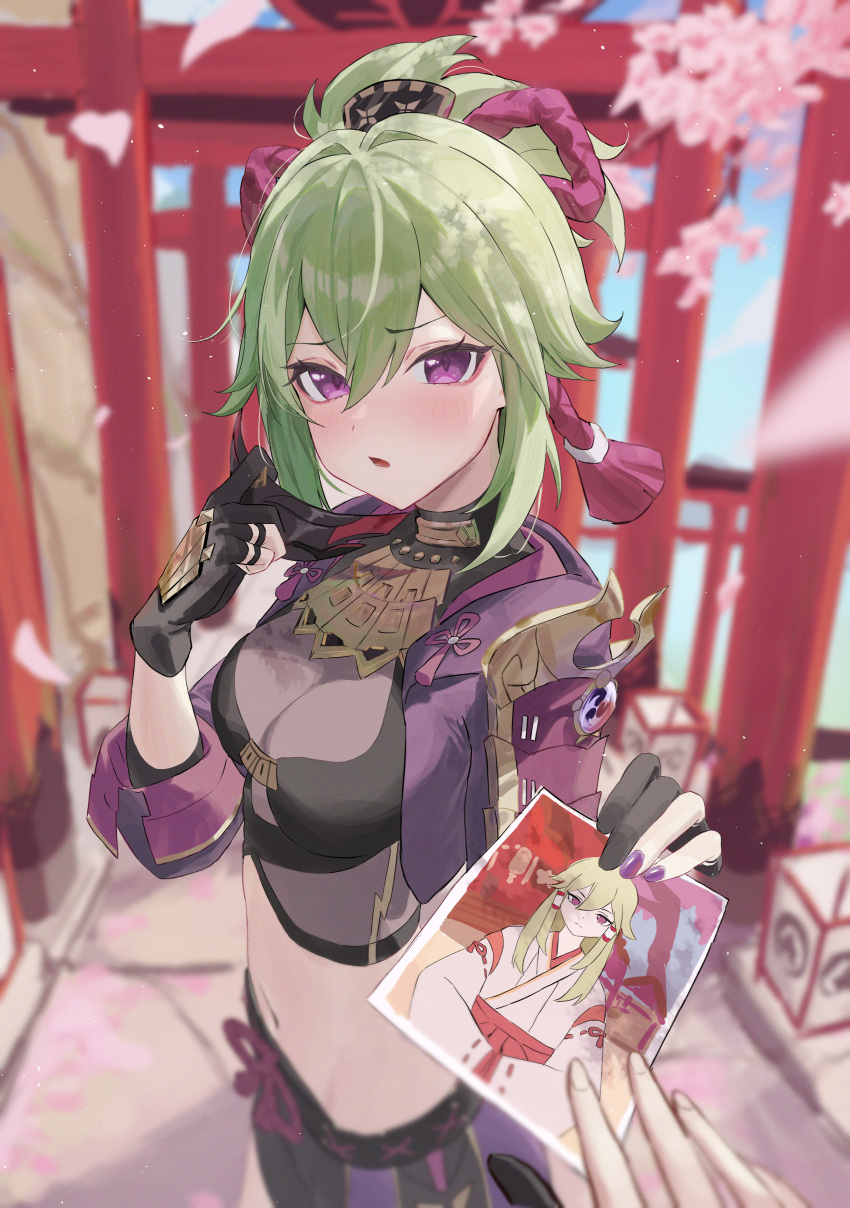 1girl absurdres armor black_gloves blurry blurry_background blush breasts cherry_blossoms cleavage falling_petals flower from_side genshin_impact gloves green_hair highres holding holding_photo kuki_shinobu looking_at_viewer mask_pull medium_breasts midriff nail_polish naruse_u navel outdoors parted_lips partially_fingerless_gloves petals photo_(object) pulled_by_self purple_eyes purple_nails shoulder_armor shrine torii