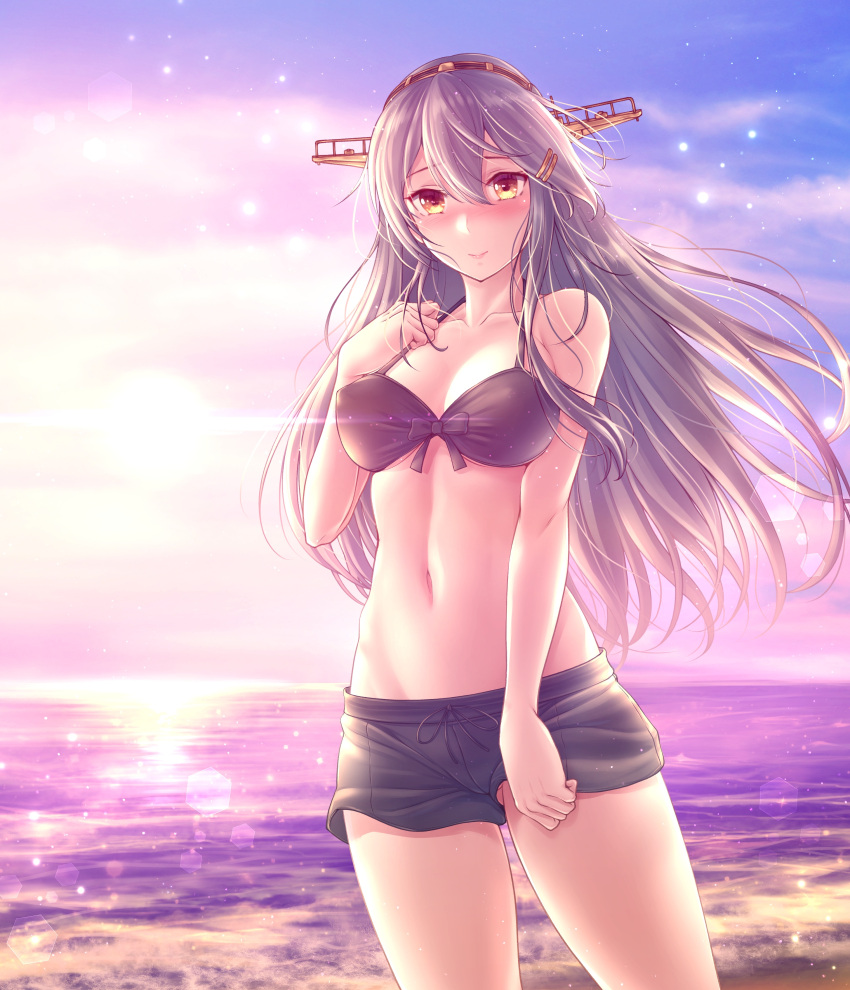 1girl absurdres beach bikini black_bikini black_shorts blush breasts cleavage closed_mouth cloud evening hair_ornament hairclip haruna_(kancolle) headgear highres kantai_collection long_hair looking_at_viewer medium_breasts nose_blush ocean orange_eyes outdoors ryu-akt short_shorts shorts sky solo swimsuit