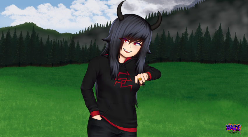 1girl absurdres black_hair black_hoodie black_nails blush breasts cloud cloudy_sky collarbone demon demon_girl demon_horns denim evil_grin evil_smile fingernails fog forest gothic grin highres hood hoodie horns jewelry large_breasts long_hair looking_at_viewer nature open_mouth original pine_tree red_eyes ring scenery scythia_(shadeception) shadeception sharp_fingernails sky smile solo tree yandere