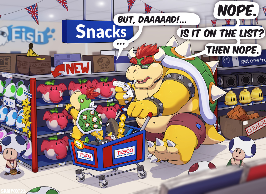 anthro banana block blooper bowser bowser_jr. egg food fruit grocery_shopping group hi_res male mario_bros nintendo plant shopping_cart skaifox super_star tesco toad_(mario) yoshi_egg