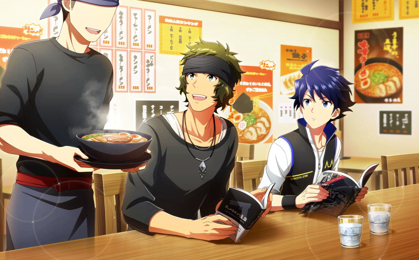 3boys black_headband black_shirt black_wristband blue_eyes blue_hair bowl brown_hair chair enjoji_michiru fingernails food green_eyes headband highres holding holding_bowl idolmaster idolmaster_side-m idolmaster_side-m_live_on_stage! jewelry male_focus multiple_boys necklace official_art open_mouth shirt short_sleeves sitting taiga_takeru teeth upper_teeth_only