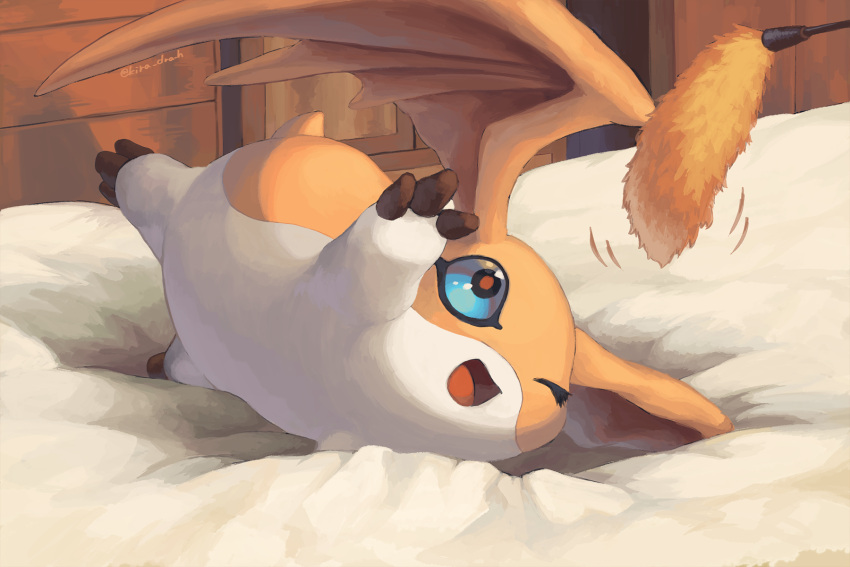 1other blue_eyes cat_teaser digimon digimon_(creature) highres indoors kira_(kira_dra) no_humans on_bed one_eye_closed open_mouth patamon solo wings