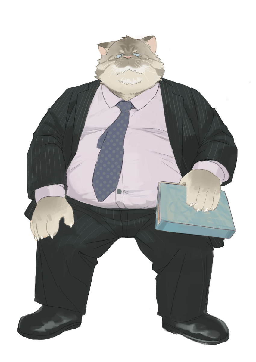 2023 absurd_res anthro bottomwear clothing domestic_cat felid feline felis hi_res humanoid_hands huynhduyad14 kemono male mammal necktie overweight overweight_male pants shirt simple_background sitting solo topwear white_background