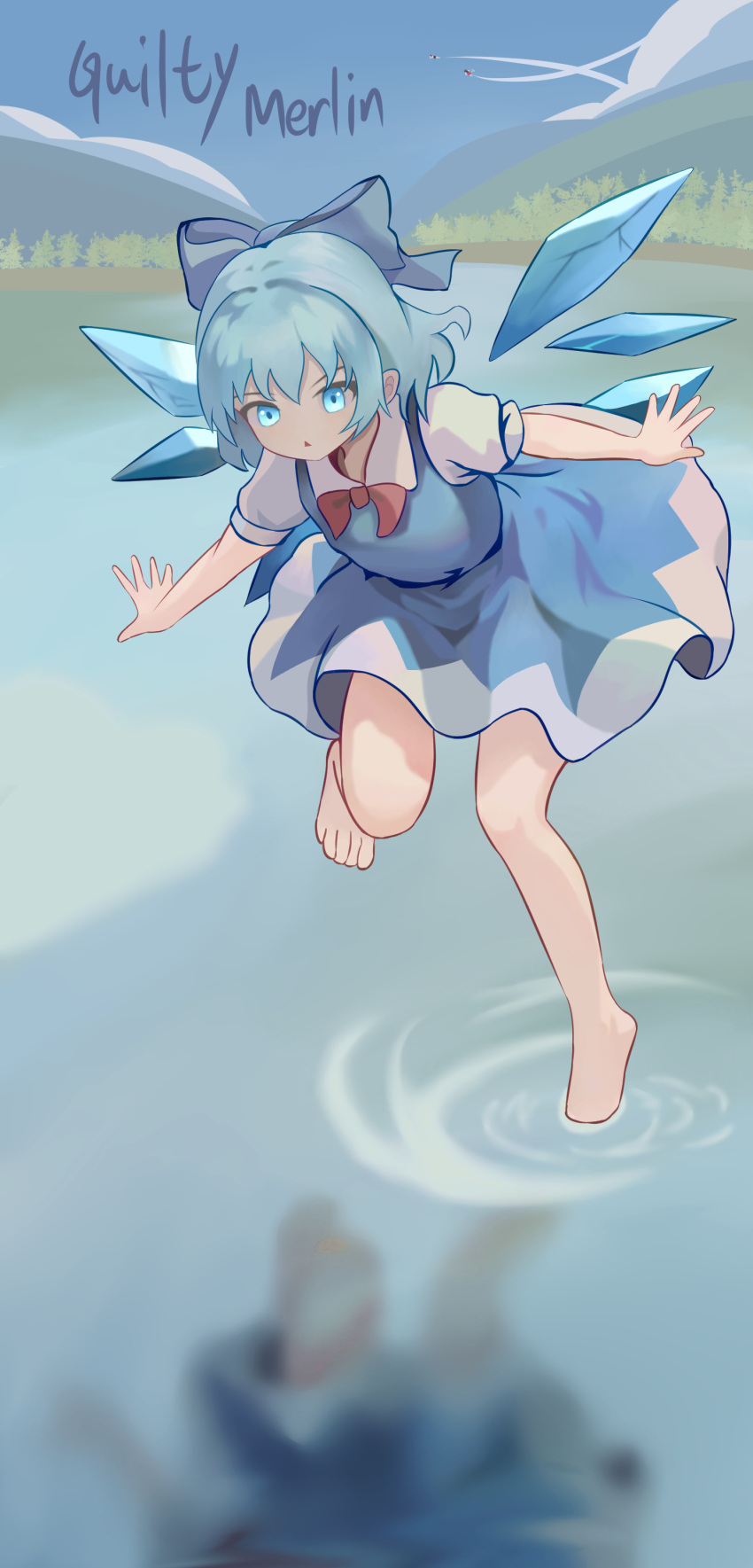 1girl absurdres barefoot blue_bow blue_dress blue_eyes blue_hair blue_sky bow bowtie cirno commentary detached_wings dress full_body guilty_merlin hair_bow highres ice ice_wings outdoors red_bow red_bowtie reflection reflective_water shirt short_hair short_sleeves signature sky solo touhou white_shirt wings