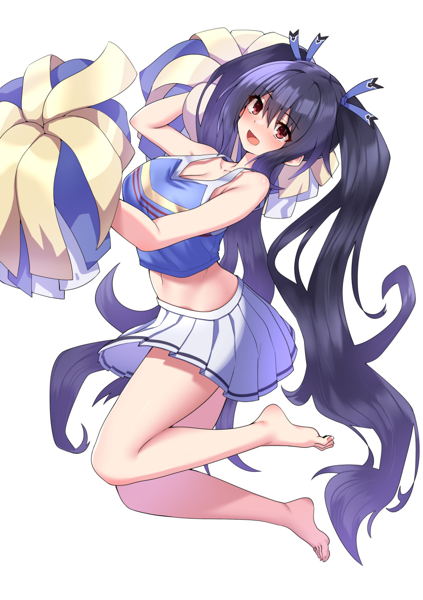 1girl absurdres barefoot black_hair blush bow breasts cheerleader collarbone feet hair_between_eyes hair_bow happy highres jumping katade legs long_hair looking_at_viewer medium_breasts neptune_(series) noire_(neptune_series) open_mouth paid_reward_available pleated_skirt pom_pom_(cheerleading) red_eyes shirt sidelocks skirt sleeveless sleeveless_shirt smile solo toenails toes twintails