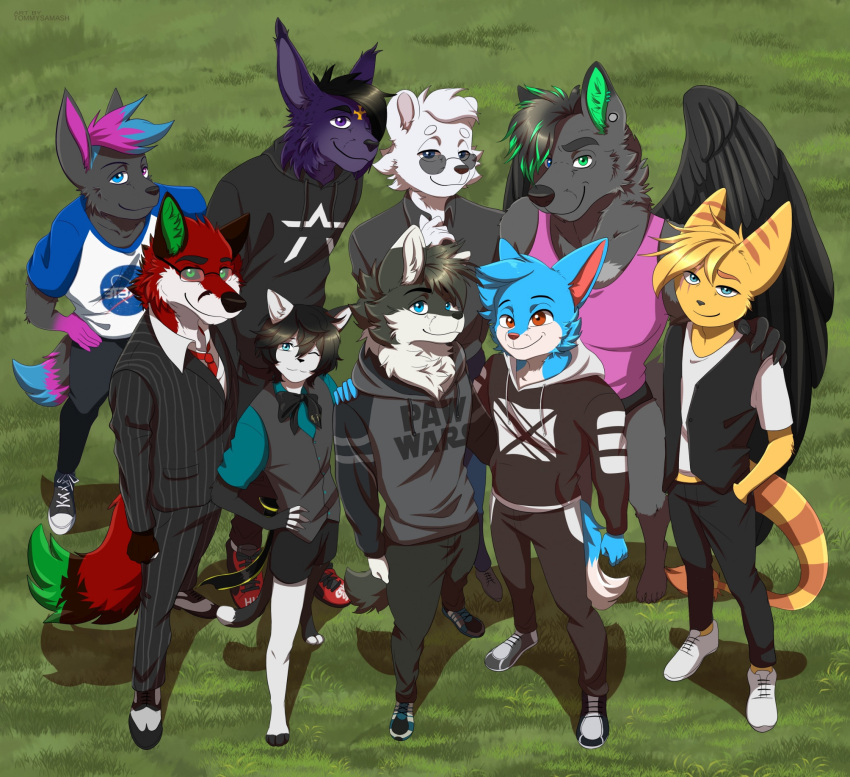 2023 adrian_(adrianlombaxy) alifox anthro artist_name bangs barefoot black_body black_bottomwear black_bow_tie black_clothing black_ears black_fur black_hair black_hoodie black_nose black_pants black_sclera black_shorts black_topwear black_vest black_wings blue_body blue_clothing blue_eyes blue_fur blue_hair_tips blue_shirt blue_tail_tip blue_topwear bottomwear brand_parody brown_eyes canid canine canis clothed clothing custom_ink dipstick_tail domestic_cat ear_piercing embrace eyewear facial_markings feathered_wings feathers feet felid feline felis footwear forehead_markings fox fur glasses gloves_(marking) grass green_eyes green_inner_ear green_tail_tip group group_picture hair hand_in_pocket hand_on_hip hand_over_shoulder head_markings heterochromia hi_res high-angle_view hoodie hybrid jay-r_(character) lombax looking_at_viewer lynx male mammal markings mister_e_bich nasa_t-shirt necktie one_eye_closed outside pants phan_(phanerozoic) piercing pinstripe_pants pinstripe_suit plant pockets purple_body purple_clothing purple_eyes purple_fur purple_hair purple_hands purple_inner_ear purple_shirt purple_tank_top purple_topwear ratchet_and_clank red_body red_fur red_necktie ring_(marking) ringtail shirt shoes shorts smile smiling_at_viewer sneakers sony_corporation sony_interactive_entertainment soren_folfven star_wars tail tail_markings tail_tuft tank_top tommysamash topwear tuft vest victor_johansen wearing_glasses wearing_sunglasses white_body white_fur white_sneakers white_tail_tip wings wink winking_at_viewer wolf yellow_body yellow_fur zack_(webtoonfan)