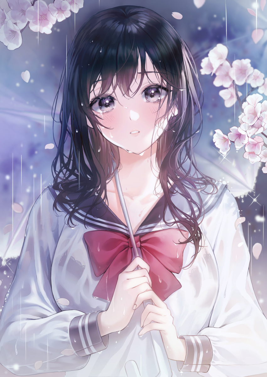 1girl absurdres black_eyes black_hair bow bowtie cherry_blossoms collarbone commentary duplicate highres holding long_hair long_sleeves looking_at_viewer original parted_lips petals pixel-perfect_duplicate sailor_collar school_uniform serafuku shirt solo symbol-only_commentary umbrella upper_body wet wet_clothes wet_shirt white_shirt yuna_(deadawon)