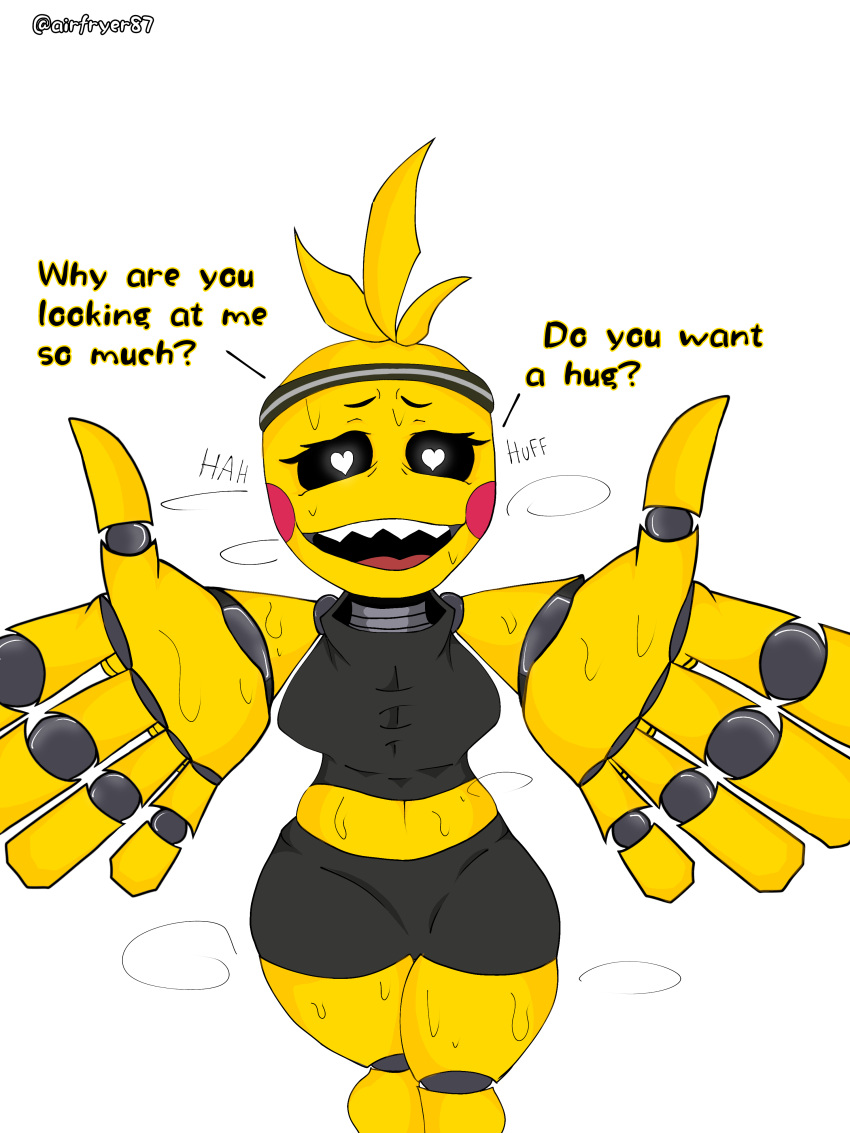 absurd_res animatronic bodily_fluids breath chica_(fnaf) embrace female five_nights_at_freddy's five_nights_at_freddy's_2 hi_res hug machine panting robot scottgames sweat sweaty_legs toy_chica_(fnaf)