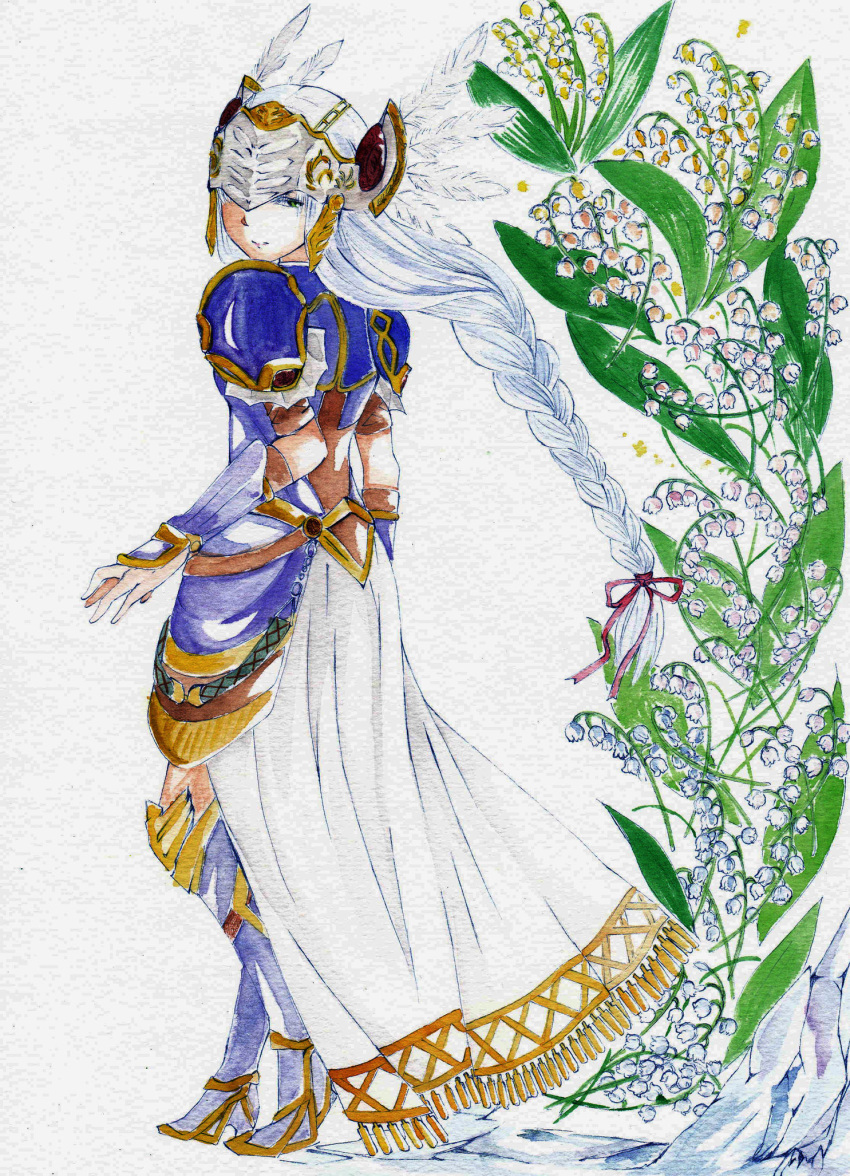 armor armored_dress blue_armor breastplate feathers flower helmet highres lenneth_valkyrie lily_of_the_valley low-braided_long_hair painting_(medium) shoulder_armor shoulder_pads traditional_media valkyrie valkyrie_profile watercolor_(medium) winged_helmet