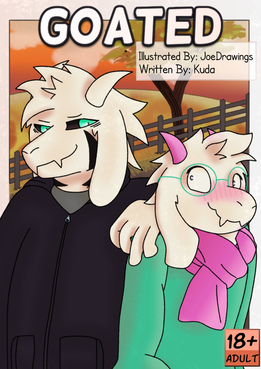 absurd_res anthro asriel_dreemurr asriel_dreemurr_(god_form) autumn black_clothing black_markings blush blush_lines boss_monster bovid caprine clothing cloud comic cover cover_art cover_page deltarune duo eyewear fence glasses green_clothing green_eyes grey_clothing grey_shirt grey_topwear hand_on_shoulder hi_res hoodie horn joedrawings kudalewds looking_at_another male male/male mammal markings pink_eyes pink_horn plant ralsei scarf shirt sunset text topwear tree undertale undertale_(series)