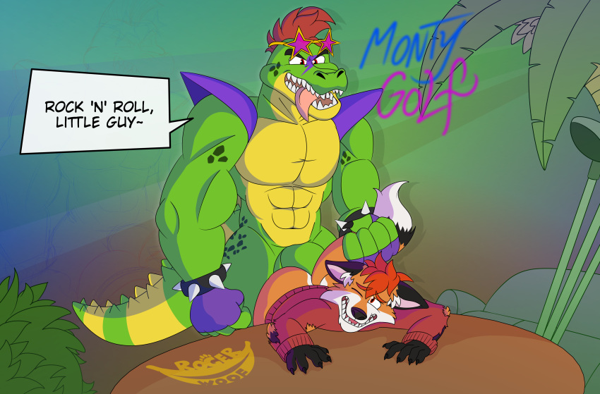 absurd_res alligator alligatorid anal anal_penetration anthro canid canine clothing crocodile crocodilian crocodylid duo five_nights_at_freddy's five_nights_at_freddy's:_security_breach fox from_behind_position fur furniture garogenxs_(character) golf_club green_body green_scales hair hi_res invalid_background male male/male mammal montgomery_gator_(fnaf) orange_body orange_fur palm_tree penetration plant purple_clothing red_clothing red_eyes red_hair reptile rogerwoof scales scalie scottgames sex sofa speech_bubble spikes steel_wool_studios table tail tongue tongue_out torn_clothing tree yellow_body yellow_skin