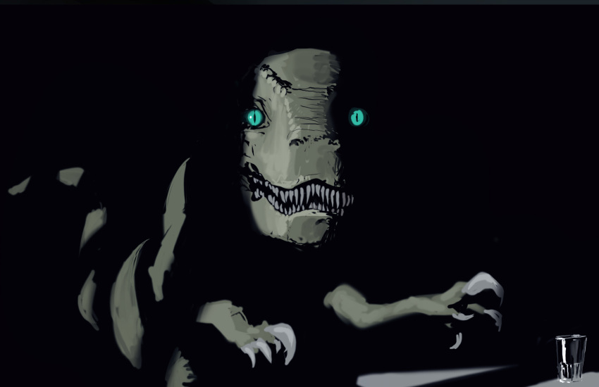 ambiguous_gender blue_eyes claws container cup dark dinosaur feral glass glass_container glass_cup hi_res looking_at_viewer meandraco nightmare_fuel open_mouth pupils reptile scalie scary shadow sharp_claws sharp_teeth slit_pupils solo teeth teeth_showing water