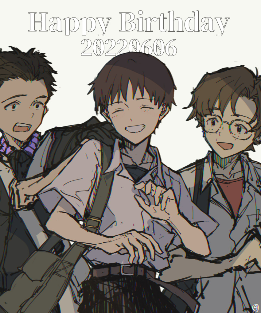 aida_kensuke belt black_pants blonde_hair brown_belt brown_hair confusionnav dated glasses green_bag happy_birthday highres ikari_shinji neon_genesis_evangelion open_mouth pants school_uniform shirt simple_background suzuhara_touji tokyo-3_middle_school_uniform white_background white_shirt