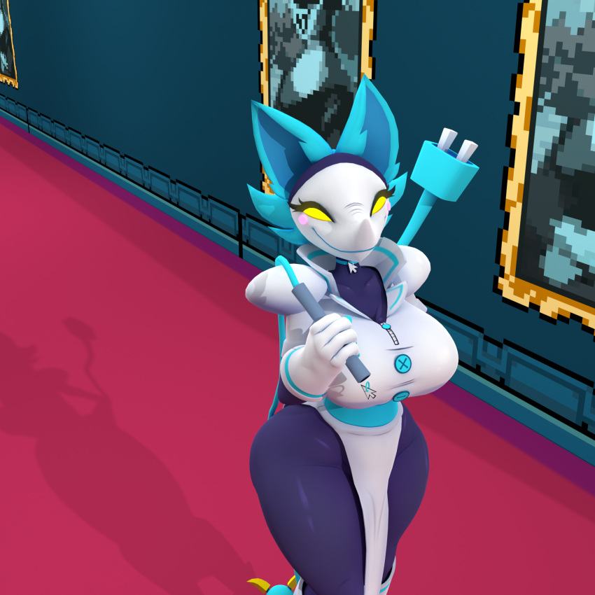 1:1 3d_(artwork) anthro blender_(software) blender_eevee blue_body blue_fur blush cally3d clothed clothing cryptiacurves deltarune digital_media_(artwork) felid female fur gloves glowing goosin handwear hi_res humanoid mammal mouse_cursor simple_background solo tasque_manager undertale_(series) zipper