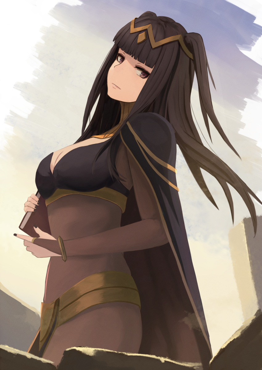 1girl black_cape black_hair black_nails blunt_bangs book breasts bridal_gauntlets brown_cape cape cleavage closed_mouth fingernails fire_emblem fire_emblem_awakening highres holding holding_book labebebe_lee long_hair medium_breasts nail_polish pink_eyes solo tharja_(fire_emblem) two-sided_fabric two-tone_cape two_side_up