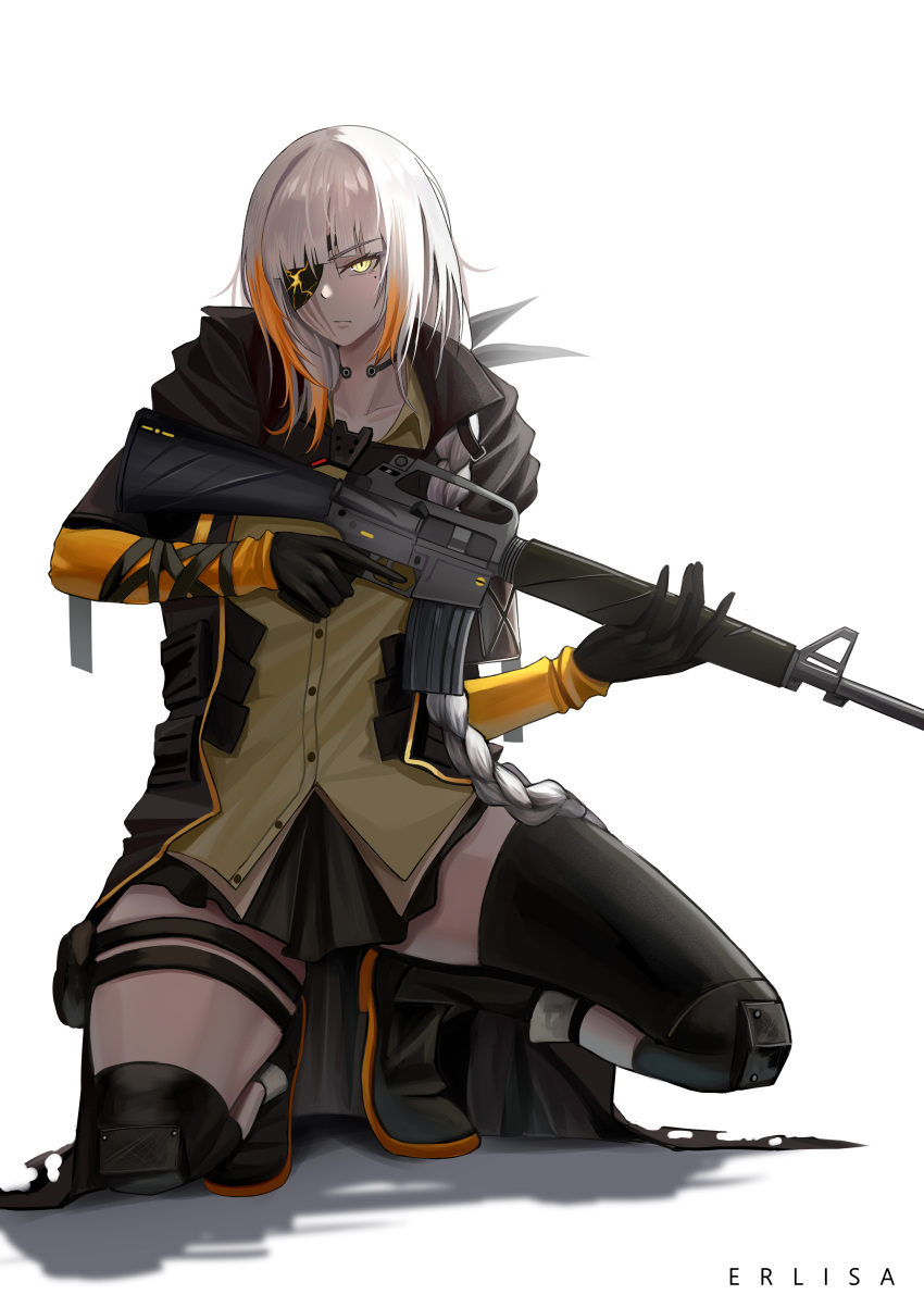 1girl absurdres artist_name assault_rifle braid braided_ponytail button_up_skirt collarbone erlisa_takanashi eyepatch girls'_frontline glowing glowing_eye gun highres holding holding_gun holding_weapon hood hood_down hooded_coat m16a1 m16a1_(boss)_(girls'_frontline) m16a1_(girls'_frontline) rifle simple_background solo squatting thighhighs weapon white_background white_hair yellow_eyes