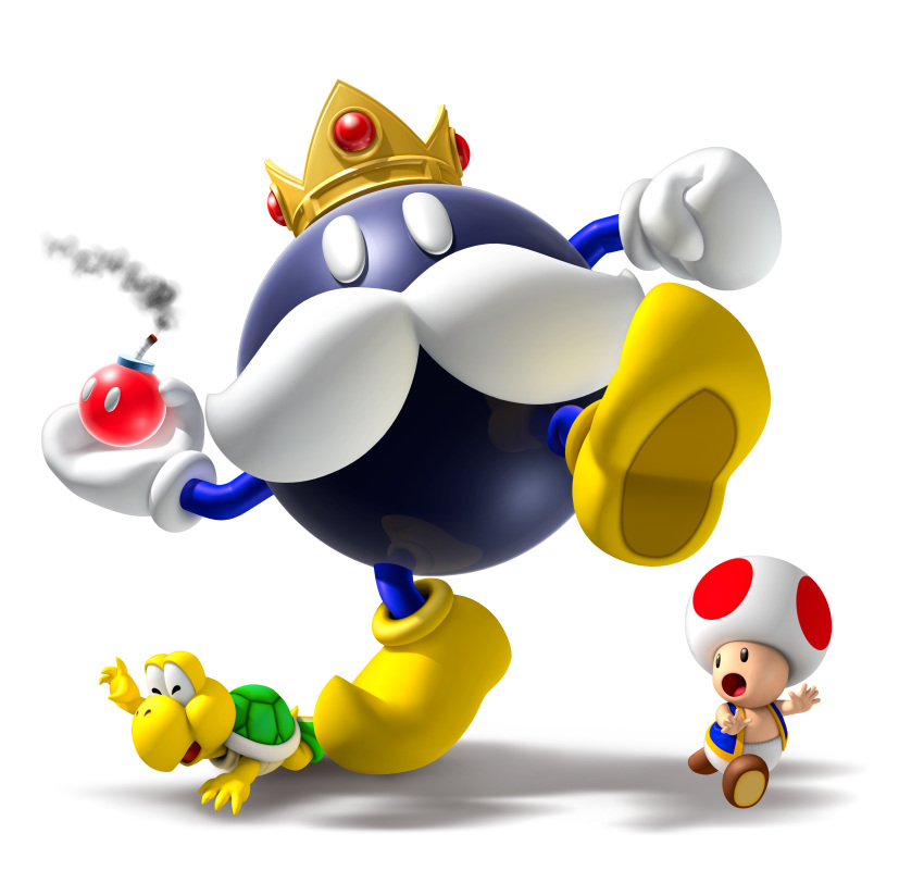 3boys 3d absurdres blue_vest bomb crown explosive facial_hair gloves highres holding holding_bomb king_bob-omb koopa_troopa mario_(series) multiple_boys mustache official_art open_mouth red_toad_(mario) running shadow shoes simple_background standing standing_on_one_leg toad_(mario) transparent_background vest white_gloves yellow_footwear