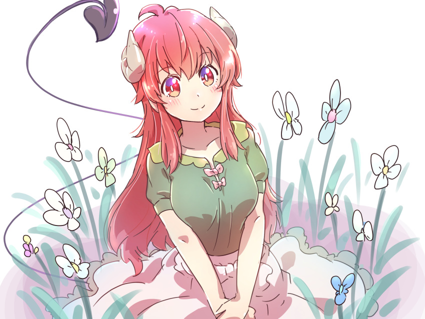 1girl ahoge blue_flower blush bow breasts bright_pupils collarbone commentary_request curled_horns demon_girl demon_tail flower frilled_skirt frills green_shirt hand_on_hand highres horns icorasama long_hair looking_at_viewer machikado_mazoku medium_breasts outdoors own_hands_together pink_bow puffy_short_sleeves puffy_sleeves red_eyes red_hair shirt short_sleeves sidelocks sitting skirt smile solo split_mouth tail upper_body v_arms very_long_hair white_background white_flower white_skirt yoshida_yuuko_(machikado_mazoku)