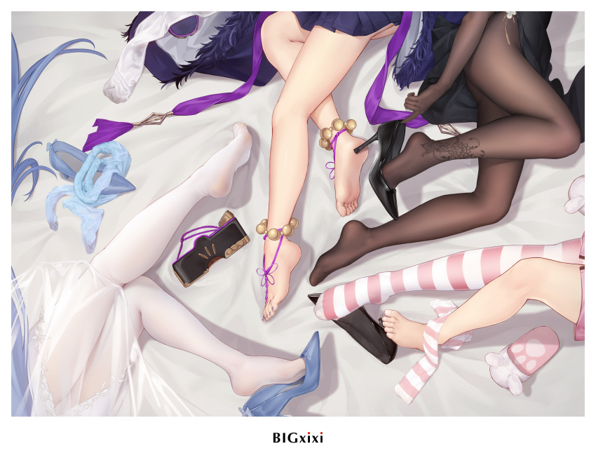 4girls animal_slippers artist_name azur_lane bare_legs barefoot bigxixi character_request elbow_gloves feet foot_focus gloves high_heels highres lower_body multiple_girls musashi_(azur_lane) nail_polish pantyhose paw_print sandals sandals_removed see-through shoes single_shoe single_thighhigh slippers slippers_removed striped striped_thighhighs thighhighs thighhighs_removed toenail_polish toenails white_pantyhose