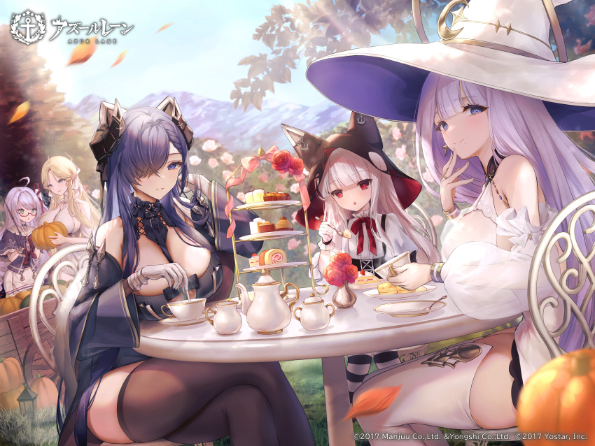 5girls absurdres ahoge august_von_parseval_(azur_lane) azur_lane black_thighhighs blue_eyes blue_hair breasts brest_(azur_lane) closed_mouth detached_sleeves dress glasses gloves green_eyes guichen_(azur_lane) hair_over_one_eye hat hi-na1 highres l'opiniatre_(azur_lane) large_breasts long_hair long_sleeves looking_at_another looking_at_viewer multiple_girls official_art outdoors parted_lips pointy_ears purple_gloves purple_hair red_eyes sitting smile thighhighs vampire_(azur_lane) white_dress white_gloves white_hair white_headwear white_thighhighs witch_hat