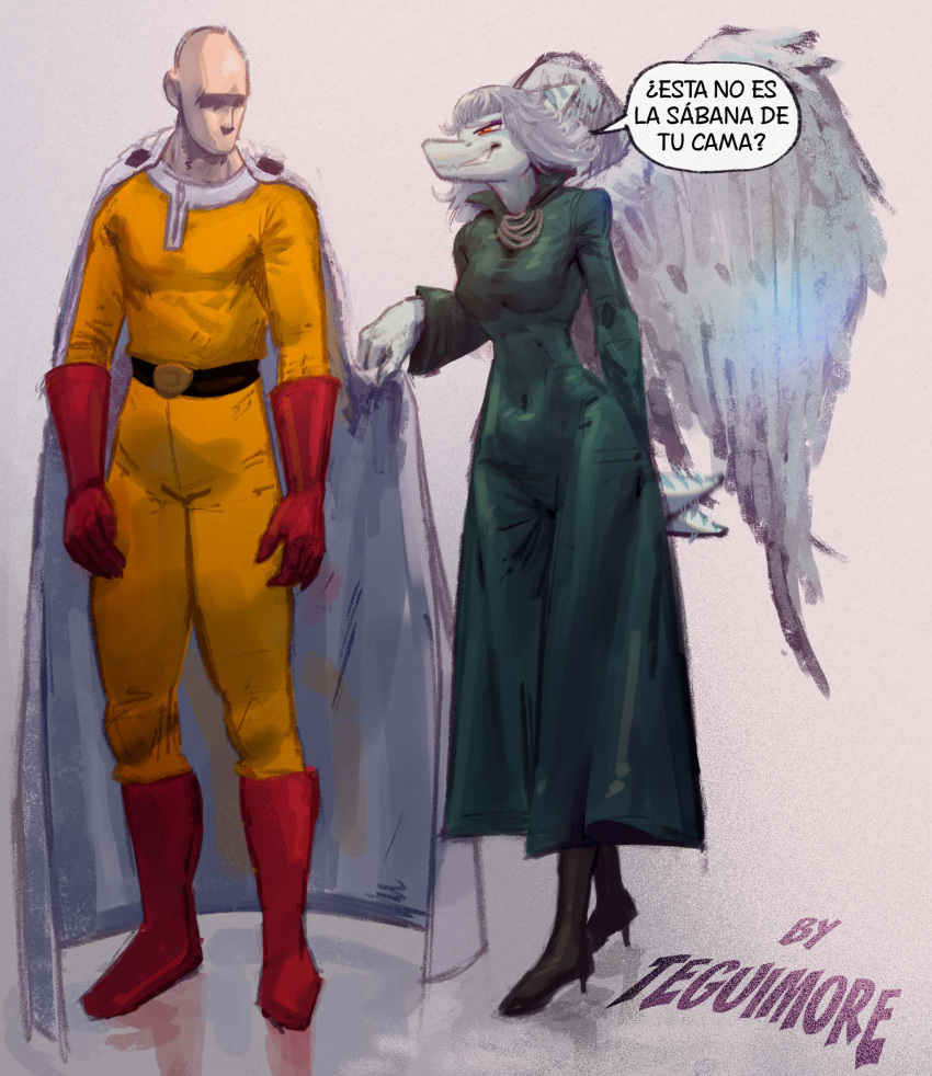 2023 absurd_res amber_eyes anon_(snoot_game) anthro artist_name bald boots breasts cape clothing cosplay dialogue digital_drawing_(artwork) digital_media_(artwork) dinosaur dress duo eyelashes eyeliner fang_(gvh) feathered_wings feathers female fingers footwear fubuki_(one-punch_man) gloves goodbye_volcano_high grey_body grey_scales hair handwear hi_res high_heels human light-skinned_male light_body light_skin makeup male mammal one-punch_man one_(manga) pterodactylus pterosaur reptile saitama_(one-punch_man) scales scalie short_hair short_tail silver_hair simple_background small_waist smile snoot_game snout spanish_text suit tail tail_motion tailwag teguimore text translation_check translation_request watermark wings