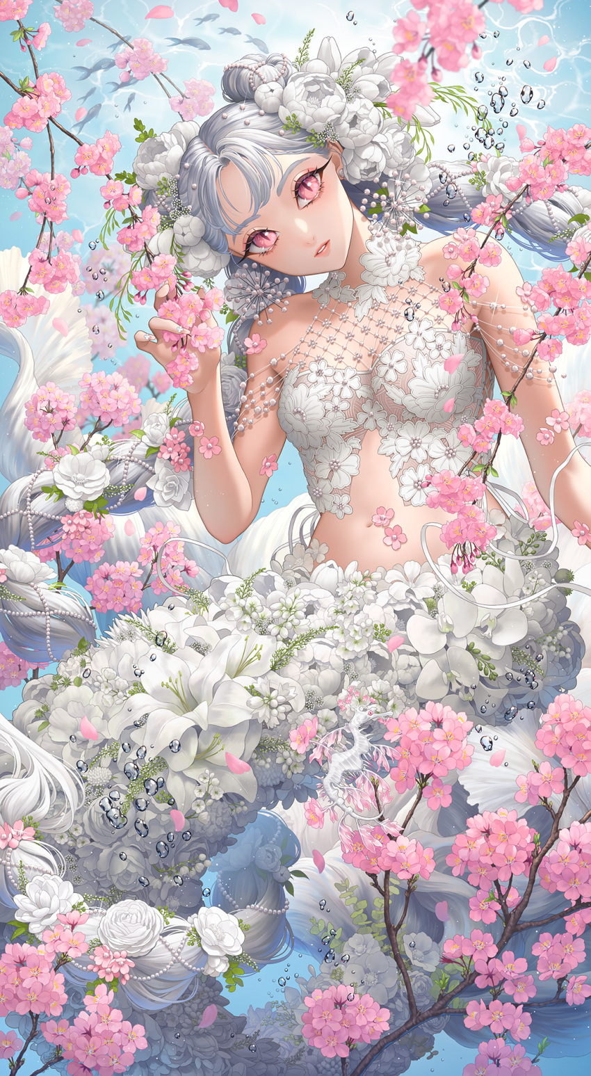 1girl absurdly_long_hair bare_shoulders breasts cherry_blossoms double_bun earrings fish flower hair_bun hand_up highres jewelry leaf long_hair looking_at_viewer medium_breasts mermaid midriff minami_(minami373916) monster_girl navel original parted_lips petals pink_eyes pink_flower rose shadow slit_pupils smile solo speech_bubble spring_(season) twintails underwater very_long_hair white_flower white_hair white_rose
