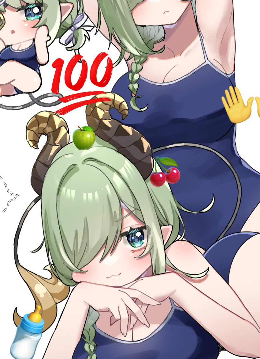 1girl :3 alternate_costume apple blue_eyes blue_one-piece_swimsuit blush breasts cherry chibi cleavage commentary_request demon_girl demon_horns demon_tail diamond_mouth emoji eyepatch food fruit green_hair grey_background hair_between_eyes hair_over_one_eye hands_on_own_chin highres horns large_breasts long_bangs looking_at_viewer multiple_views nanashi_inc. one-piece_swimsuit open_mouth pointy_ears sekishiro_mico short_hair simple_background smile swimsuit tail tamotsu_(mary) virtual_youtuber