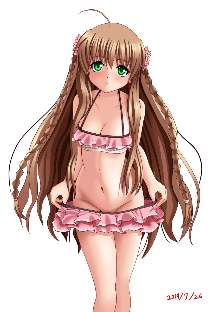 1girl 2019 absurdres ahoge arms_at_sides bare_arms bare_shoulders bikini bikini_bottom_pull bikini_pull blush braid breasts brown_hair cleavage closed_mouth clothes_pull collarbone commentary_request cowboy_shot curvy dated eyelashes eyes_visible_through_hair flower frilled_bikini frills frown green_eyes groin hair_between_eyes hair_flower hair_ornament halterneck highres kanbe_kotori long_hair looking_at_viewer medium_breasts midriff navel nekogoya pink_bikini pink_flower pink_sports_bra rewrite sidelocks simple_background solo sports_bra standing stomach straight-on swimsuit twin_braids upturned_eyes very_long_hair wavy_hair white_background