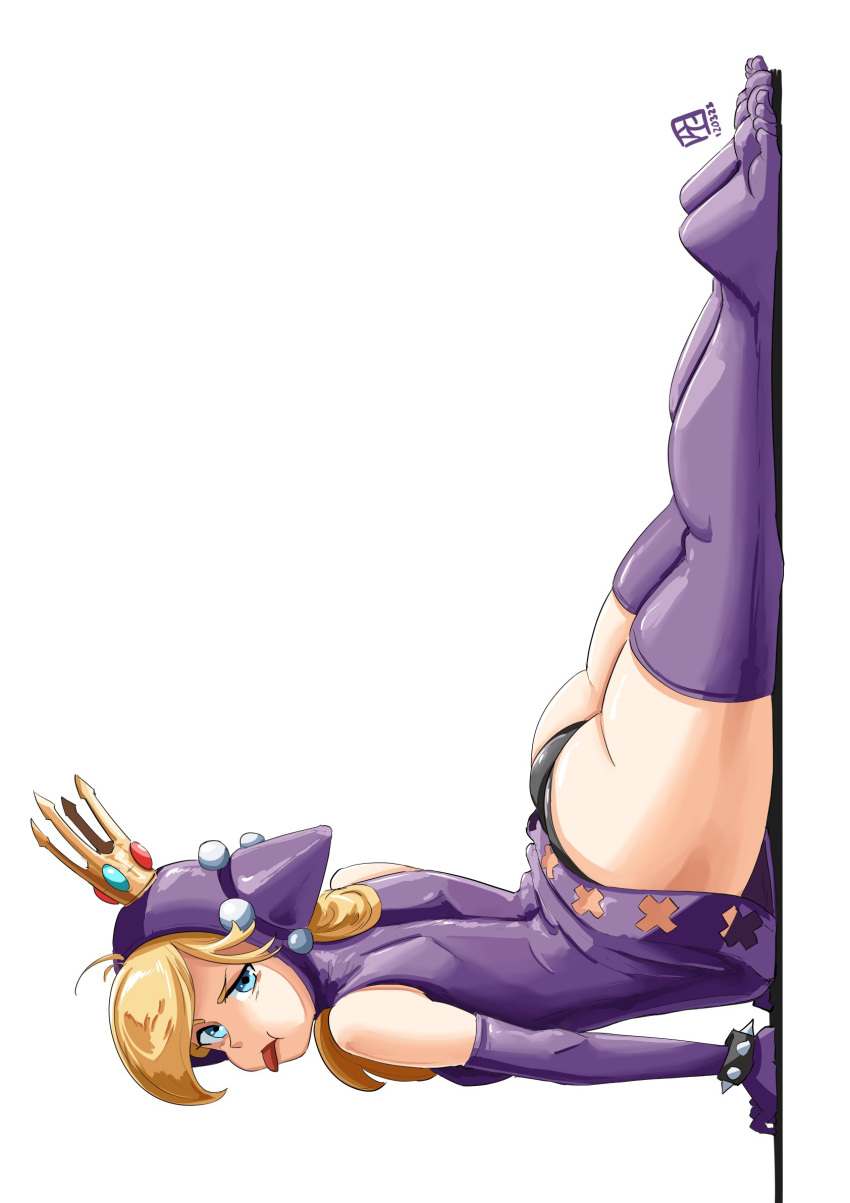 1girl arm_support ass automatic_giraffe black_panties blonde_hair bracelet dress highres hooded_dress jewelry leather_dress looking_at_viewer mario_(series) mario_power_tennis mario_tennis panties purple_dress simple_background solo spiked_bracelet spikes thighhighs tongue tongue_out underwear warupeach