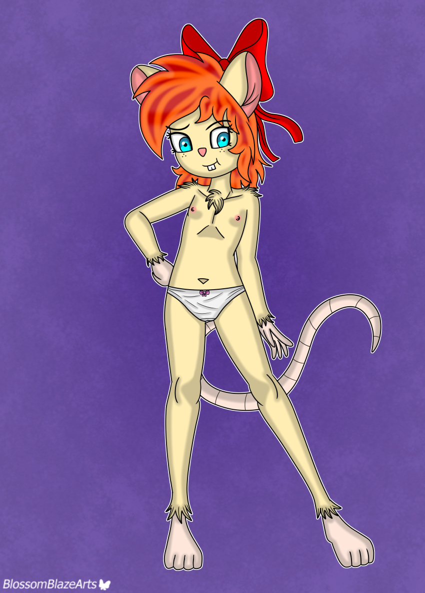 absurd_res accessory anthro blossomblaze blue_eyes bow_ribbon chest_fur clothing fan_character female hair hair_accessory hair_bow hair_ribbon hi_res humanoid long_tail looking_at_viewer mammal mouse murid murine nipples panties pose red_hair ribbons rodent short_hair solo spread_legs spreading tail underwear
