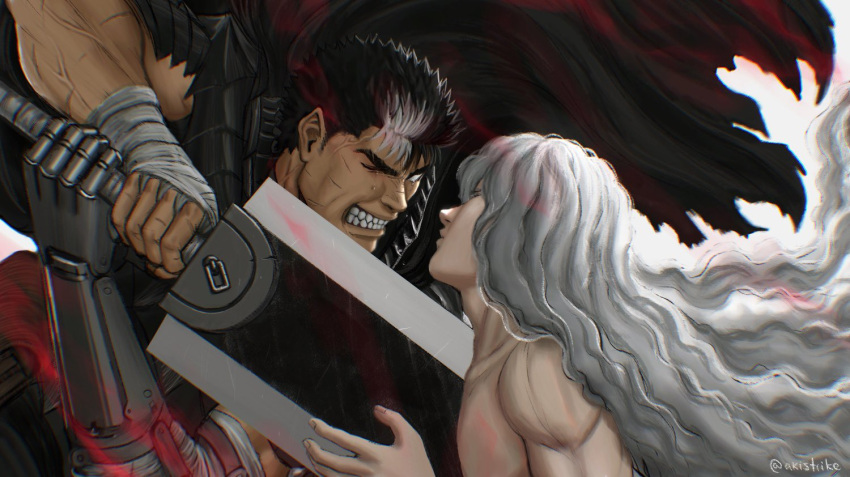 2boys aki_(akistrike) angry armor bandaged_hand bandages berserk berserker_armor black_armor black_hair clenched_teeth dragonslayer_(sword) floating_hair griffith_(berserk) guts_(berserk) holding holding_sword holding_weapon long_hair looking_at_another multicolored_hair multiple_boys one_eye_closed prosthesis prosthetic_arm scar scar_on_face scar_on_nose short_hair shoulder_armor spiked_hair streaked_hair sword teeth veins weapon white_hair