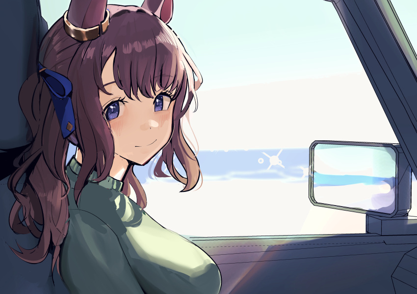 1girl animal_ears blue_eyes blue_ribbon brown_hair car from_side green_sweater hair_ribbon highres horse_ears horse_girl long_hair looking_at_viewer motor_vehicle ribbon sitting solo solokitsune sweater tosen_jordan_(umamusume) twintails umamusume vehicle_interior