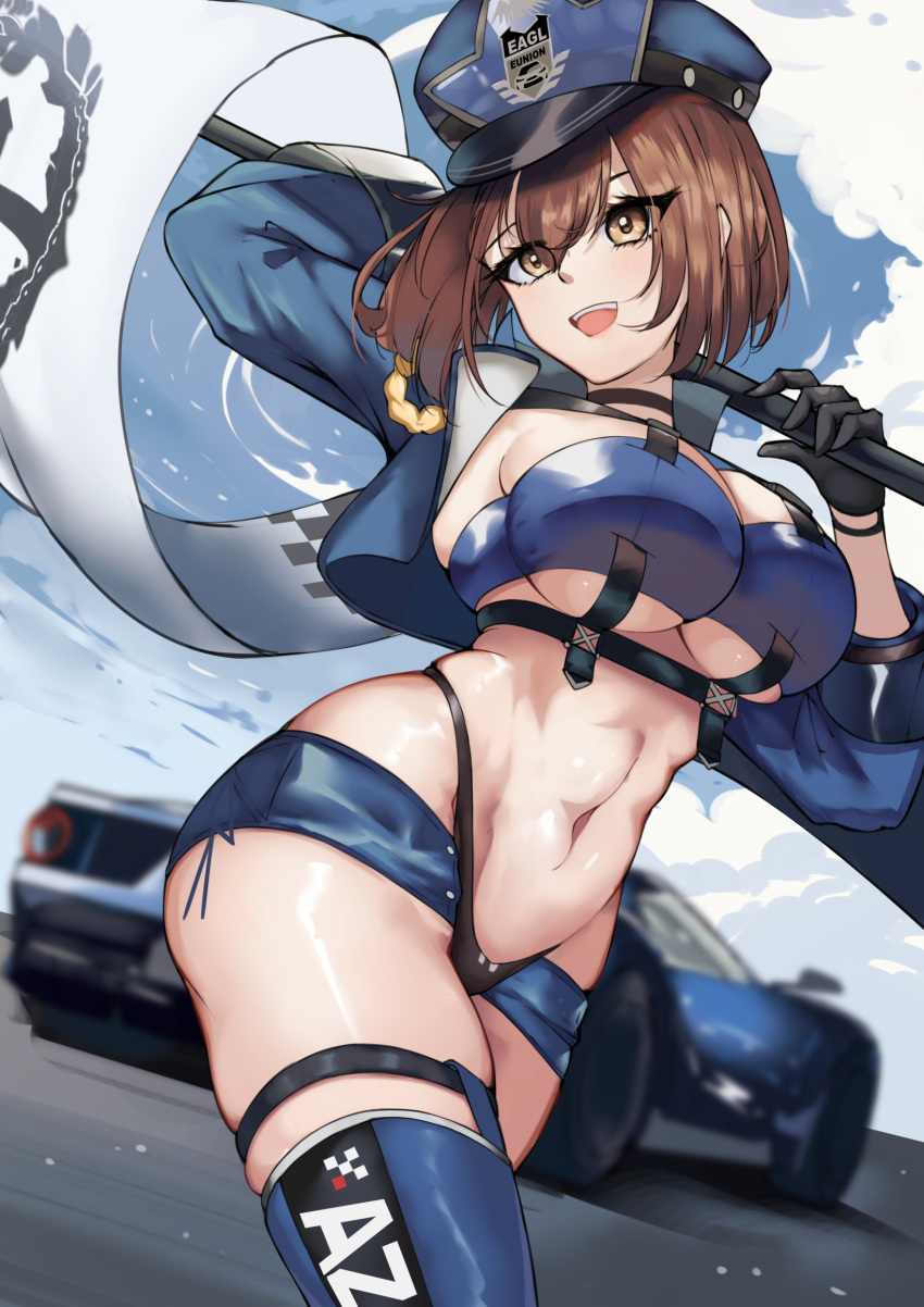 1girl :d aiguillette arm_up azur_lane baltimore_(azur_lane) baltimore_(finish_line_flagbearer)_(azur_lane) bikini black_bikini black_choker black_gloves blue_bikini blue_footwear blue_headwear blue_jacket blue_shorts blurry blurry_background boots breasts brown_hair car chest_harness choker cleavage commentary cowboy_shot cropped_jacket flag gloves groin hair_between_eyes harness hat highleg highleg_bikini highres holding holding_pole jacket large_breasts micro_shorts mismatched_bikini motor_vehicle navel nestleo official_alternate_costume open_clothes open_jacket open_mouth peaked_cap pole race_queen race_vehicle racecar short_hair shorts sidelocks skindentation smile solo standing stomach swimsuit teeth thigh_boots underboob underbust upper_teeth_only yellow_eyes