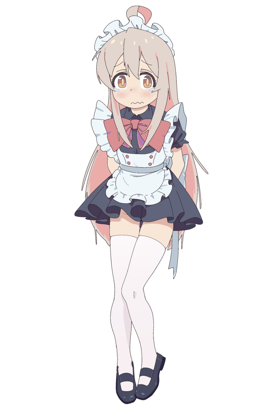 1girl ahoge alternate_costume arms_behind_back black_footwear blush bow bowtie brown_eyes commentary embarrassed enmaided frills full_body hair_between_eyes highres long_hair looking_at_viewer maid maid_headdress mary_janes onii-chan_wa_oshimai! oyama_mahiro pink_hair red_bow red_bowtie shoes short_sleeves simple_background solenhfe solo tears thigh_gap thighhighs very_long_hair wavy_mouth white_background white_thighhighs zettai_ryouiki