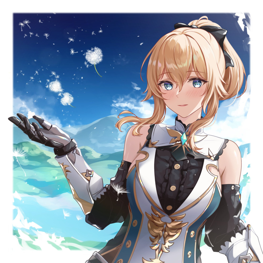 1girl bare_shoulders blonde_hair blue_capelet blue_eyes blue_sky blush border bow breasts capelet cloud dandelion dandelion_seed day detached_sleeves flower genshin_impact hair_bow highres jean_(genshin_impact) jean_(gunnhildr's_legacy)_(genshin_impact) large_breasts looking_at_viewer mon-chan mountainous_horizon multicolored_capelet official_alternate_costume open_mouth outdoors outside_border ponytail sidelocks sky smile solo white_border