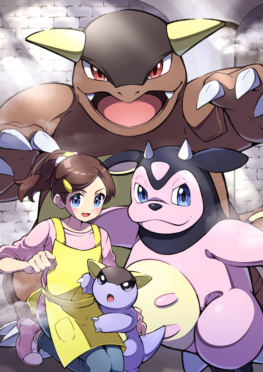 1girl :d absurdres apron blue_eyes blush brown_hair clenched_hand eyelashes hand_up highres kangaskhan kneeling long_hair miltank nursery_aide_(pokemon) open_mouth pants pink_footwear pink_shirt pokemon pokemon_(creature) pokemon_(game) pokemon_bw pon_yui ponytail shirt shoes smile sneakers yellow_apron