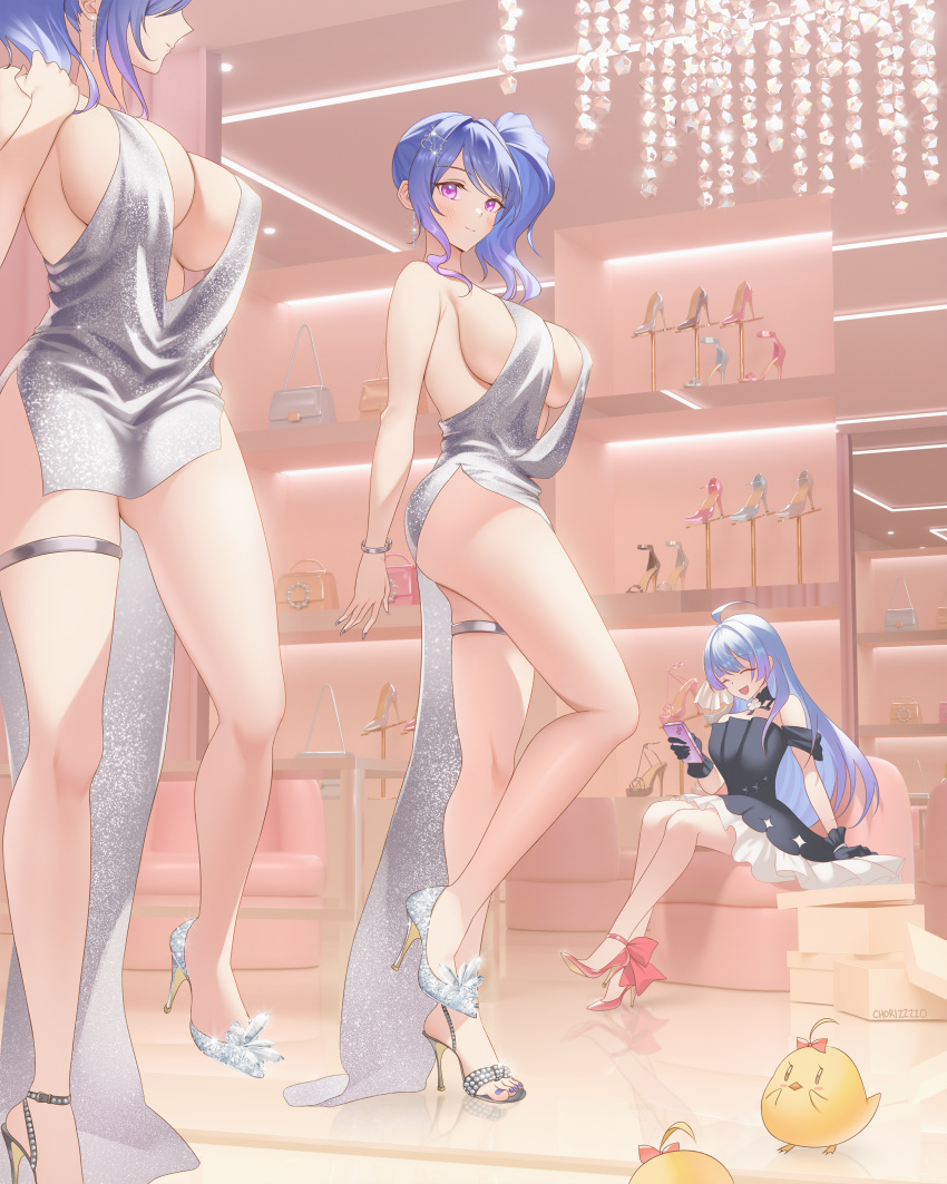 2girls absurdres alternate_footwear asymmetrical_footwear azur_lane bag bare_shoulders blue_hair bow bracelet breasts cellphone cleavage dress evening_gown full_body hair_bow helena_(azur_lane) helena_(may_i_have_this_dance?)_(azur_lane) high_heels highres jewelry leg_up looking_at_mirror manjuu_(azur_lane) mirror mismatched_footwear multiple_girls official_alternate_costume pedestal phone revealing_clothes shoe_box shop shopping sitting smartphone st._louis_(azur_lane) st._louis_(luxurious_wheels)_(azur_lane) strappy_heels thigh_strap trying_on_clothes zzo_(chorizzzzo)