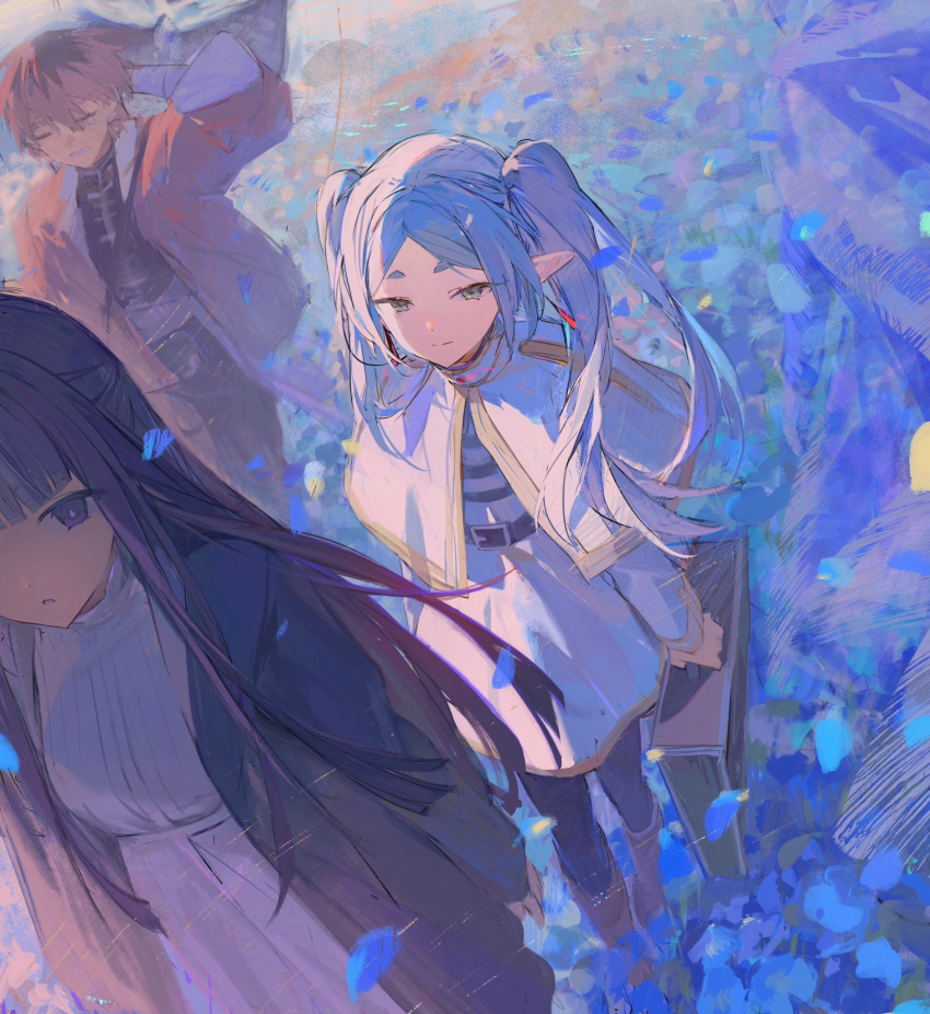 1boy 2girls belt blue_flower cape character_request coat earrings elf fern_(sousou_no_frieren) flower frieren from_above green_eyes highres hime_cut holding holding_suitcase jacket jewelry long_hair multiple_girls nashinashi petals pointy_ears purple_eyes purple_hair red_jacket skirt sousou_no_frieren standing stark_(sousou_no_frieren) suitcase twintails white_cape white_hair white_skirt