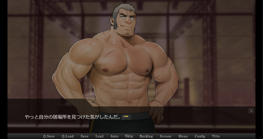 1boy abs bara cowboy_hat exp_(mizuki_gai) facial_hair grey_hair hat highres large_pectorals long_sideburns looking_at_viewer male_focus mature_male mizuki_gai muscular muscular_male navel nipples original paid_reward_available pants pectorals scar scar_on_arm scar_on_chest short_hair sideburns smile solo stomach stubble subtitled thick_eyebrows topless_male track_pants translation_request
