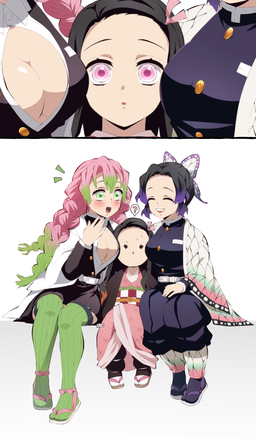 3girls ? absurdres black_hair breasts butterfly_hair_ornament demon_slayer_uniform geta gradient_hair green_eyes green_hair green_thighhighs hair_ornament hair_ribbon haori highres japanese_clothes kamado_nezuko kanroji_mitsuri kimetsu_no_yaiba kimono kochou_shinobu large_breasts long_hair long_sleeves multicolored_hair multiple_girls one_eye_closed open_mouth orange_hair pink_eyes pink_hair pink_kimono pink_ribbon pori_(kmt_pori) ribbon short_hair smile teeth thighhighs upper_teeth_only