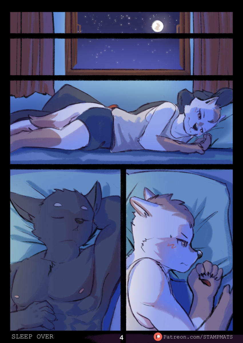 anthro bed blush canid canine canis clothed clothing comic comic_panel digital_drawing_(artwork) digital_media_(artwork) domestic_cat domestic_dog duo eyes_closed felid feline felis fur furniture hair hi_res inside lying lying_on_bed male mammal moon night nipples on_back on_bed on_side open_mouth partially_clothed patreon patreon_logo pecs pillow shaded shirt sleeping sleeping_together stampmats tail tank_top text topwear url