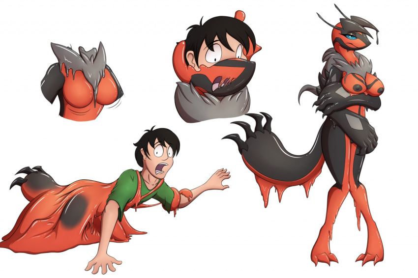 anthro arm_under_breasts big_breasts black_hair black_markings blue_eyes breasts colored eyelashes female fur gender_transformation generation_6_pokemon goo_creature goo_dripping goo_transformation grey_body grey_fur growth hair holding_arm human legendary_pokemon male mammal markings mtf_transformation nintendo nipples on_ground pokemon pokemon_(species) red_body scared_face simple_background solo species_transformation standing tail tail_growth tomek1000 transformation white_background yveltal