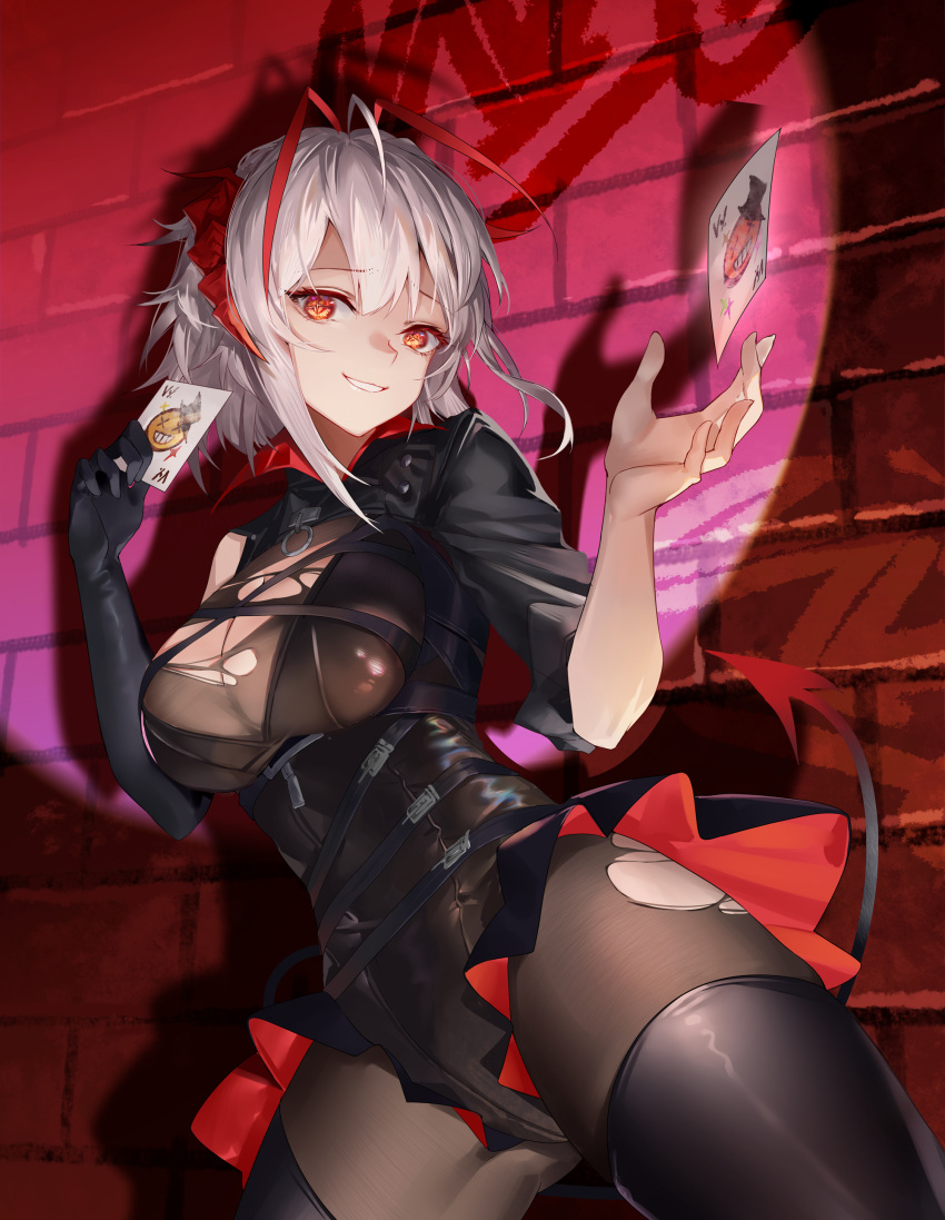 1girl absurdres arknights black_gloves black_pantyhose black_thighhighs breasts brick_wall card cleavage cowboy_shot demon_girl demon_horns demon_tail elbow_gloves gloves grey_hair highres holding holding_card hongbaise_raw horns medium_breasts pantyhose parted_lips red_eyes single_glove smile solo tail thighhighs thighhighs_over_pantyhose thighs w_(arknights) yellow_eyes