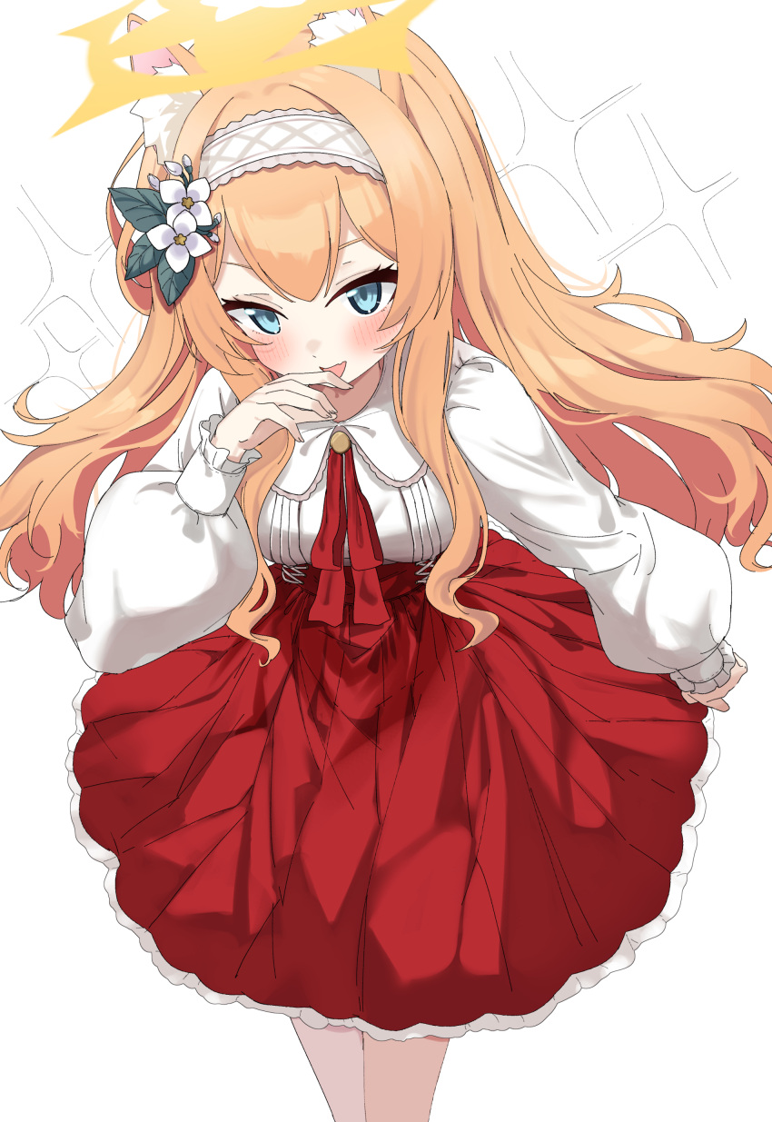 1girl absurdres alternate_costume amaton707 animal_ear_fluff animal_ears blue_archive blue_eyes blush breasts commentary_request feet_out_of_frame flower frilled_hairband frills hair_flower hair_ornament hairband halo hand_up highres long_hair long_sleeves looking_at_viewer looking_up mari_(blue_archive) medium_breasts open_mouth orange_hair puffy_long_sleeves puffy_sleeves red_ribbon red_skirt ribbon shirt shirt_tucked_in simple_background sitting skirt smile solo white_background white_flower white_hairband white_shirt yellow_halo