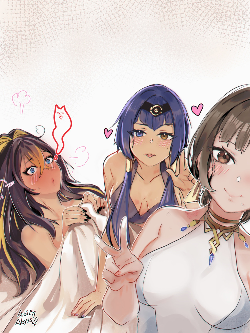 3girls :p =3 @_@ aoiabyss artist_logo artist_name blonde_hair blue_eyes blush breasts brown_eyes brown_hair candace_(genshin_impact) closed_mouth collarbone dehya_(genshin_impact) dunyarzad_(genshin_impact) exhausted fingernails furrowed_brow genshin_impact ghost giving_up_the_ghost guy_tired_after_sex_(meme) hair_between_eyes hair_intakes hand_up heterochromia highres long_hair looking_at_viewer looking_up lying meme multicolored_hair multiple_girls nose_blush on_back parted_lips purple_hair sitting smile tan tongue tongue_out two-tone_hair v yellow_eyes yuri