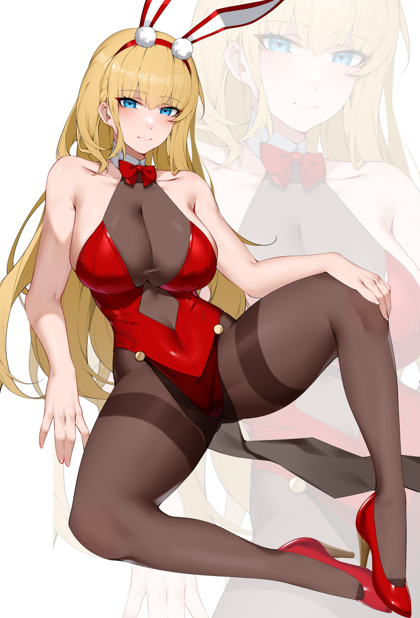 1girl absurdres alternate_costume animal_ears azur_lane blonde_hair blue_eyes bow bowtie breasts center_opening cleavage fake_animal_ears full_body hand_on_own_knee high_heels highleg highleg_leotard highres large_breasts leotard long_hair looking_at_viewer necktie north_carolina_(azur_lane) pantyhose pelvic_curtain playboy_bunny rabbit_ears red_bow red_bowtie red_footwear red_leotard red_necktie see-through shoes solo strapless strapless_leotard thighband_pantyhose wsfw
