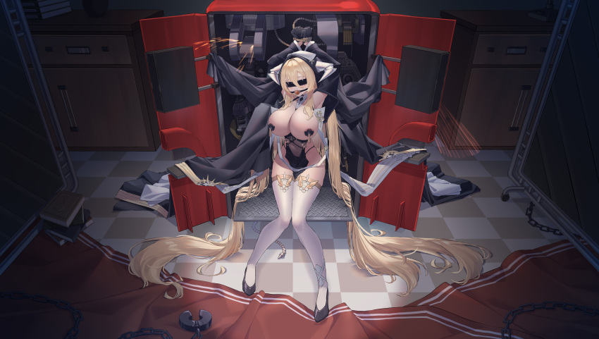 1girl absurdly_long_hair absurdres arms_behind_head arms_up atomic_heart azur_lane ball_gag bare_shoulders black_blindfold black_footwear black_gloves blindfold blonde_hair book book_stack bound bound_wrists breast_cutout breasts chain checkered_floor cleavage crossover cuffs fake_horns full_body gag gloves habit hair_between_eyes half_gloves halo highres horns huge_breasts implacable_(azur_lane) indoors jfzm001 long_hair looking_at_viewer nora_(atomic_heart) nun pasties pelvic_curtain red_carpet red_eyes restrained revealing_clothes shackles shoes solo thighhighs veil very_long_hair white_horns white_thighhighs