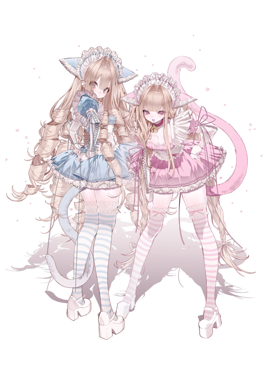 2girls animal_ears bell blonde_hair bloomers blunt_bangs blush bow braid breasts cat_ears cat_tail cleavage closed_mouth collar commentary_request corset curly_hair drowsyww elbow_gloves frilled_skirt frills full_body gloves hair_bow hair_intakes hands_on_own_hips heart high_heels highres jingle_bell leaning_forward long_hair long_legs looking_at_viewer looking_back maid maid_headdress multiple_girls open_mouth original pink_bow platform_footwear platform_heels puffy_sleeves ribbon shadow shoes simple_background skirt standing striped striped_thighhighs tail thighhighs thighs twin_braids very_long_hair white_background white_bloomers white_corset white_footwear white_gloves