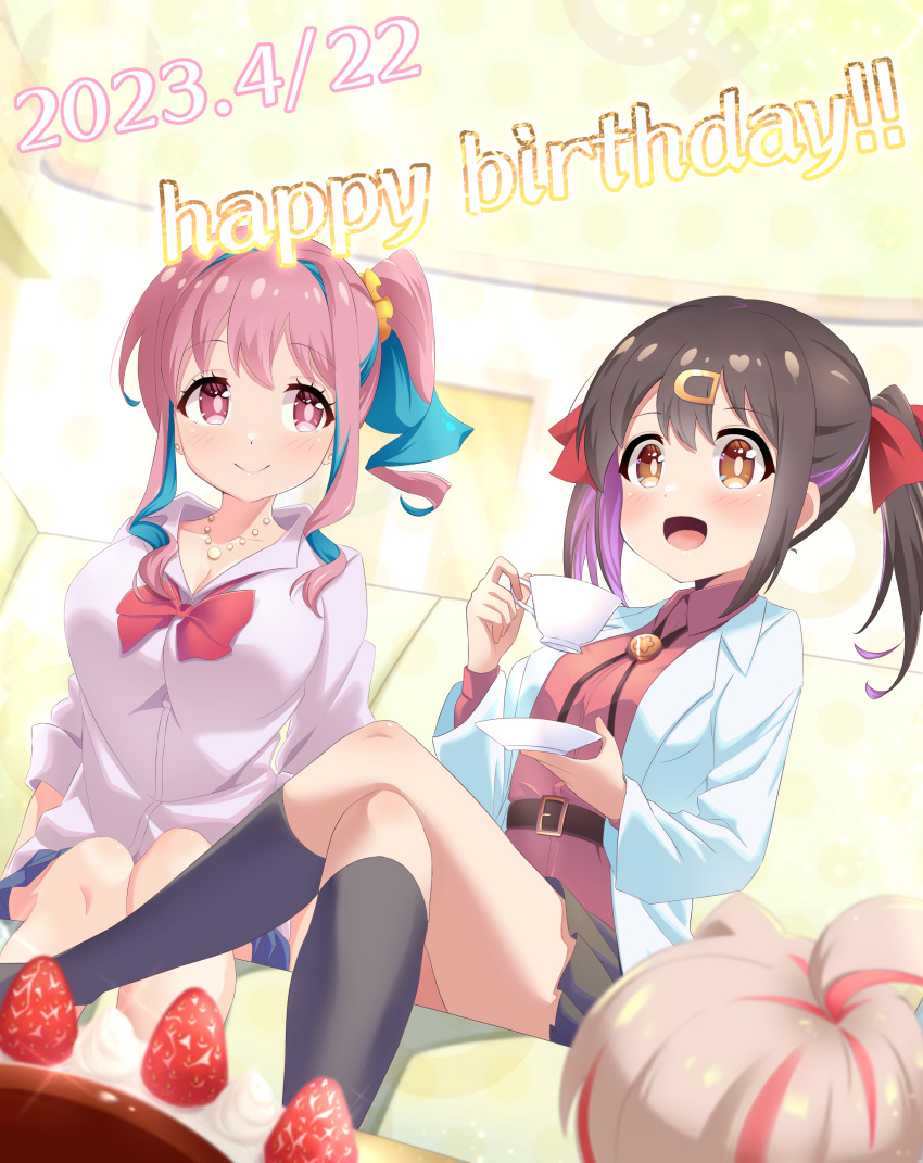 3girls :d absurdres ahoge belt black_hair black_skirt black_socks blue_hair bolo_tie bow bowtie brown_eyes cake commentary couch crossed_legs cup dated english_text food fruit hair_between_eyes hair_ornament hair_scrunchie hairclip happy_birthday highres holding holding_cup hozuki_kaede indoors jewelry kneehighs lab_coat multicolored_hair multiple_girls necklace onii-chan_wa_oshimai! open_mouth oyama_mahiro oyama_mihari pink_eyes pink_hair purple_hair red_bow red_bowtie red_shirt scrunchie shirt side_ponytail sidelocks sitting skirt smile socks strawberry tendouzetu twintails two-tone_hair